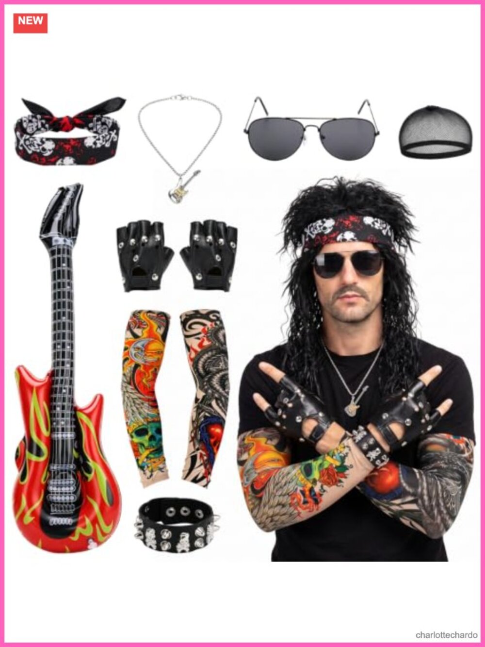 Men 9 Pc Rocker Costume Set 80s Disco Party Wig Bandana Guitar